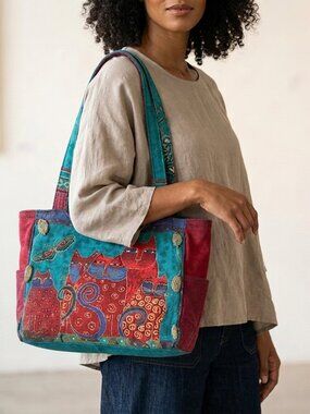 Vintage Laurel Burch Cat Family Zipper Beaded Canvas Tote Shoulder Bag